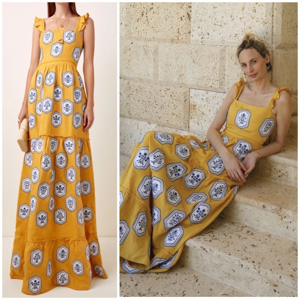 Agua by Agua Bendita Herbarium Riviera Linen Floral Panel Maxi Dress SZ S - Picture 2 of 13